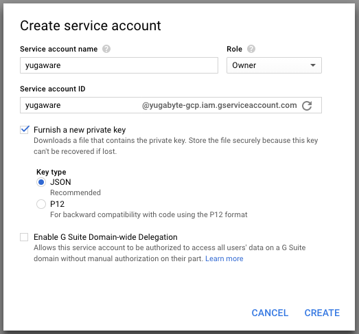 Service Account -- filled create form