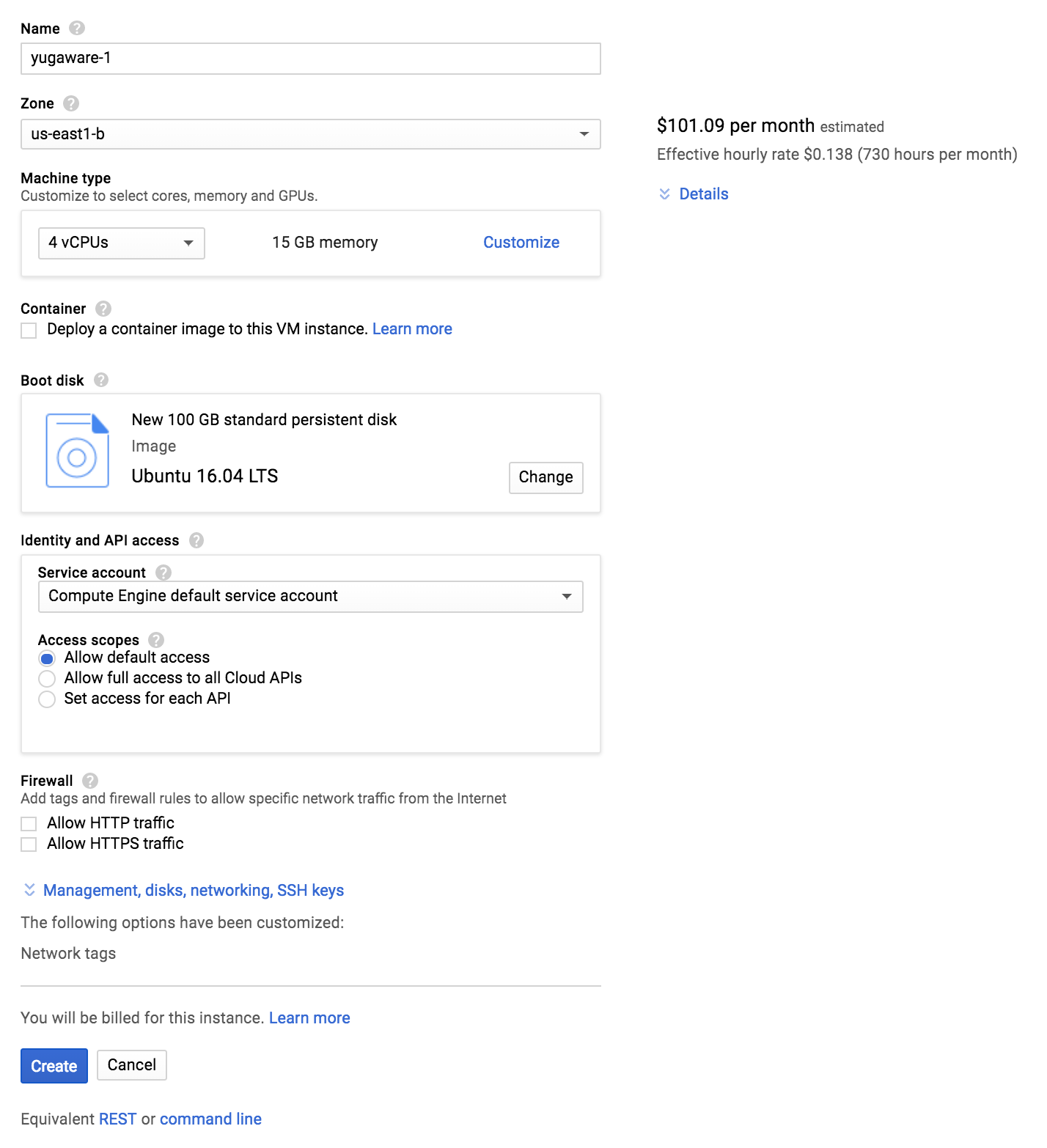 VM instances -- filled in create