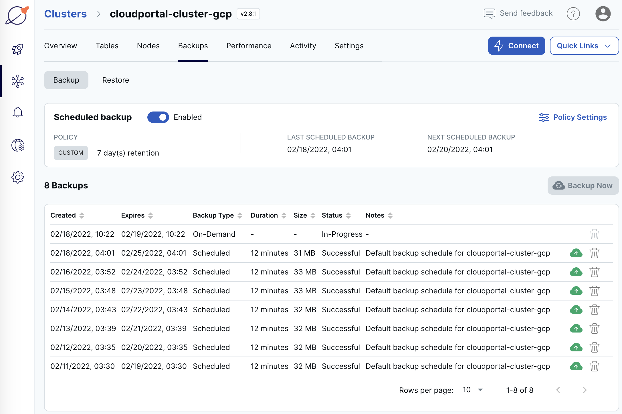 Cloud Cluster Backups page