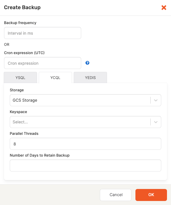 Create Backup form