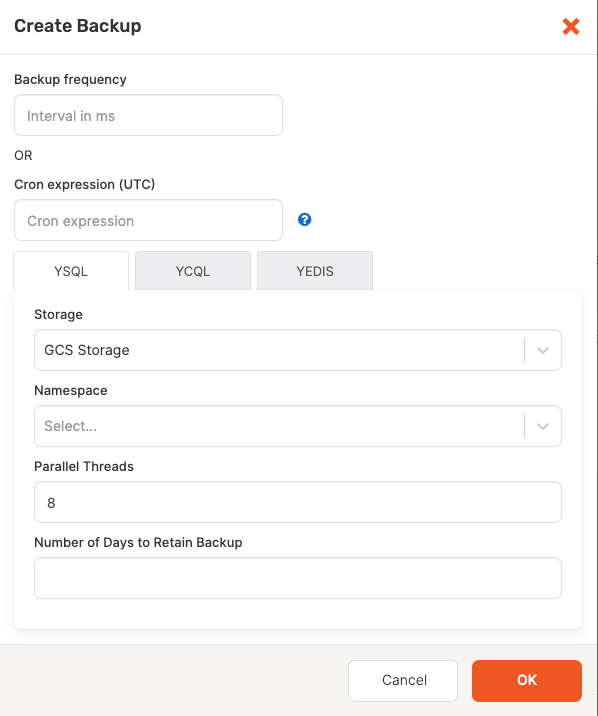 Create Backup form